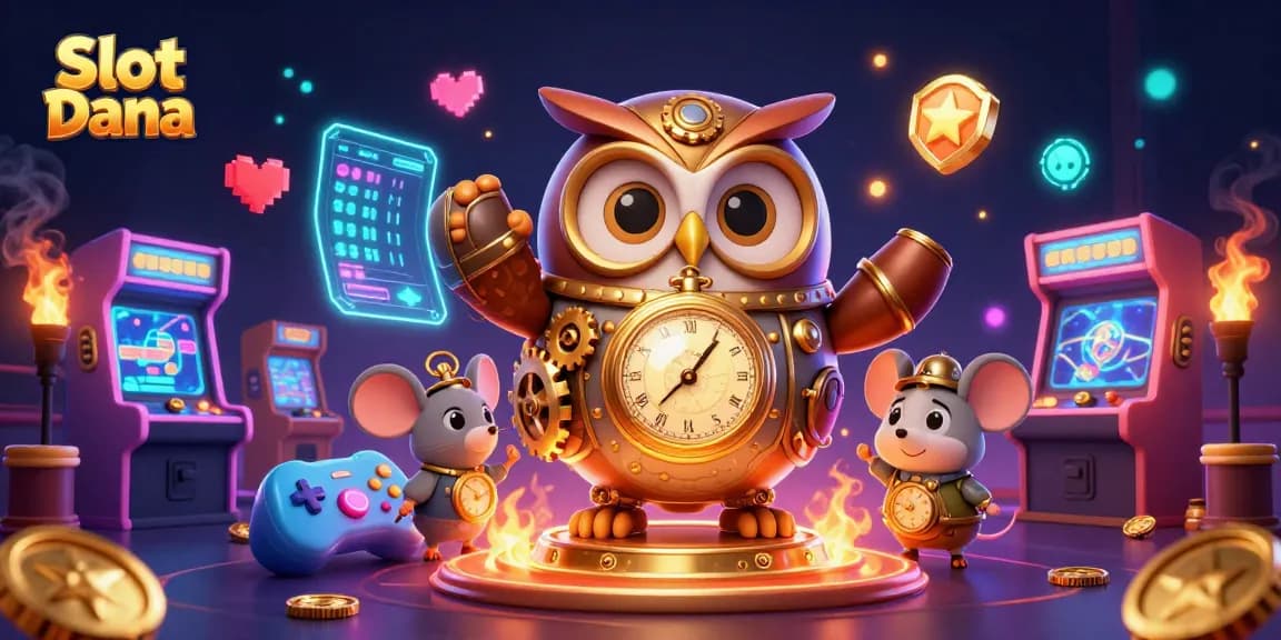 Permainan Slot Dana yang menarik dengan simbol slot yang menonjol dan elemen kasino futuristik.
