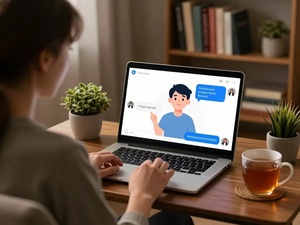 Interactive sex chat AI engagement scene with user and chatbot in casual, cozy setting.