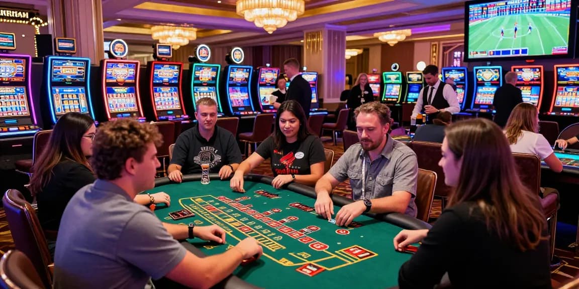Exciting atmosphere of credit card casinos with players enjoying gaming tables and vibrant slot machines.