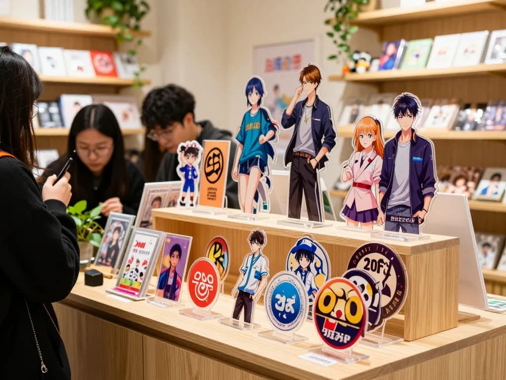 Custom acrylic standee display in a vibrant boutique highlighting colorful designs and anime characters.