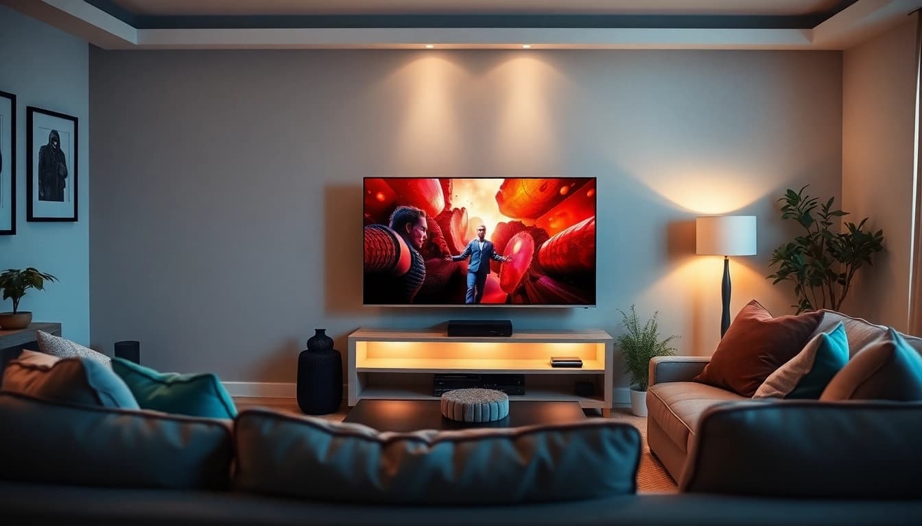 Watch vibrant content from iron iptv on a modern TV in a cozy living room.