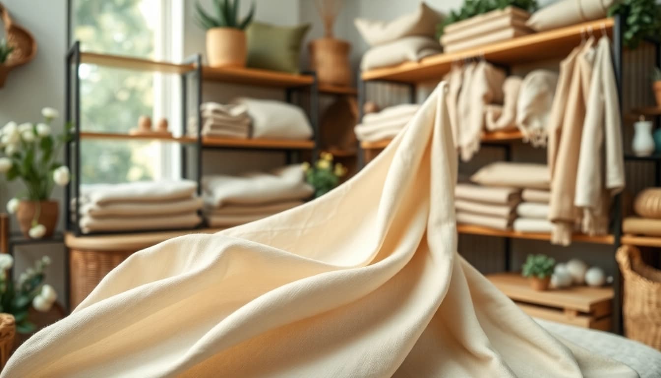 Ontdek ongebleekt katoen in een sfeervolle textielwinkel met natuurlijke stoffen.