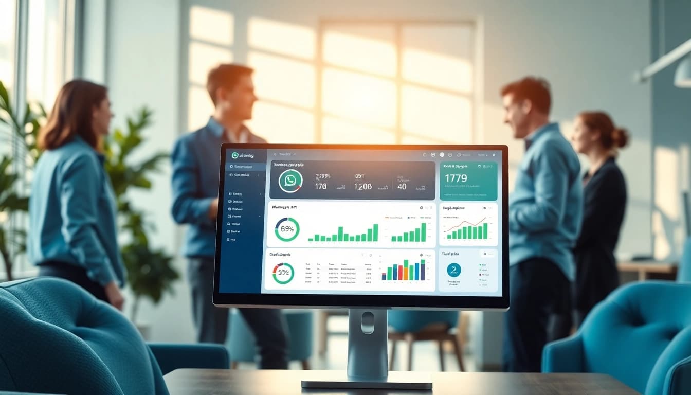 View ultramsg API dashboard on a computer screen showcasing message analytics in a modern office.