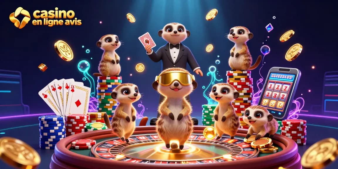 Casino en ligne avis : une colonie de suricates gère un casino animé avec des jeux de cartes et des jetons.