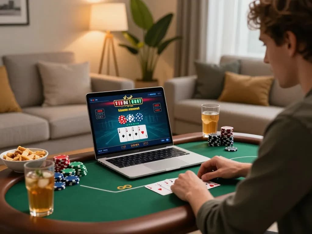 Engaged player analyzing strategies on u888poker while enjoying a cozy living room setup.