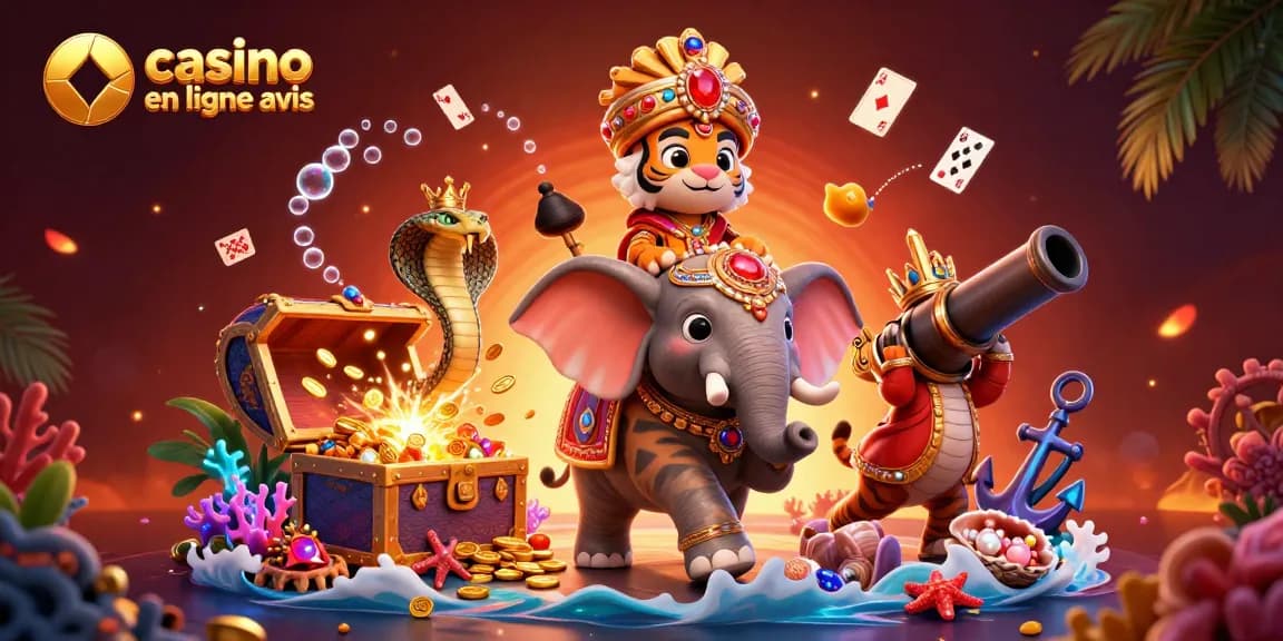 Visualisez l'avis sur les casinos en ligne avec un tigre maharaja et un éléphant dans une scène dynamique remplie de trésors.