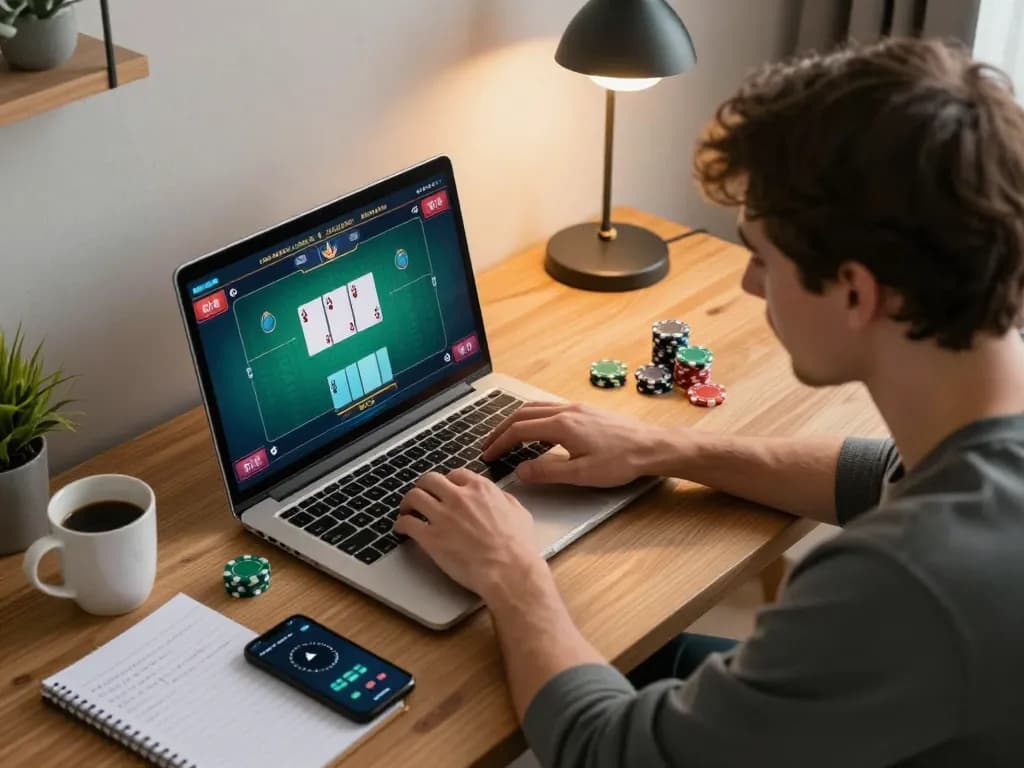 Gameplay scene featuring nhà cái 388bet as player focuses on online poker strategy while enjoying a cozy home atmosphere.