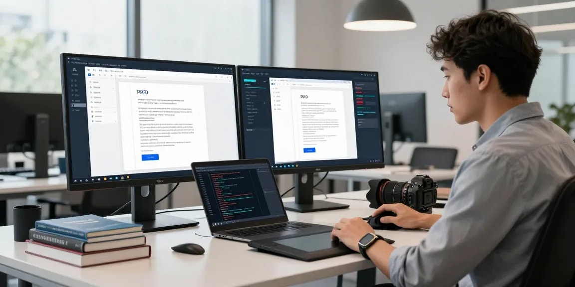 Detect fake PDF technology in action with a cybersecurity analyst reviewing verification tools in a modern office.