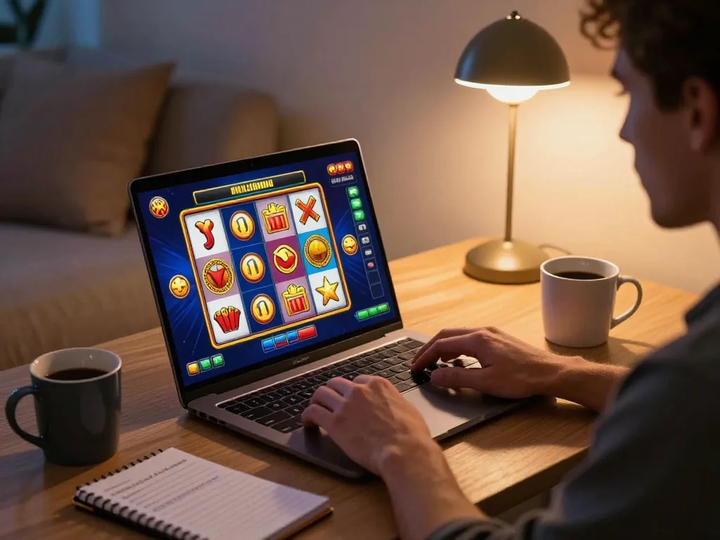 Playing engaging slot game on laptop at home, showcasing vibrant interface and strategic notes