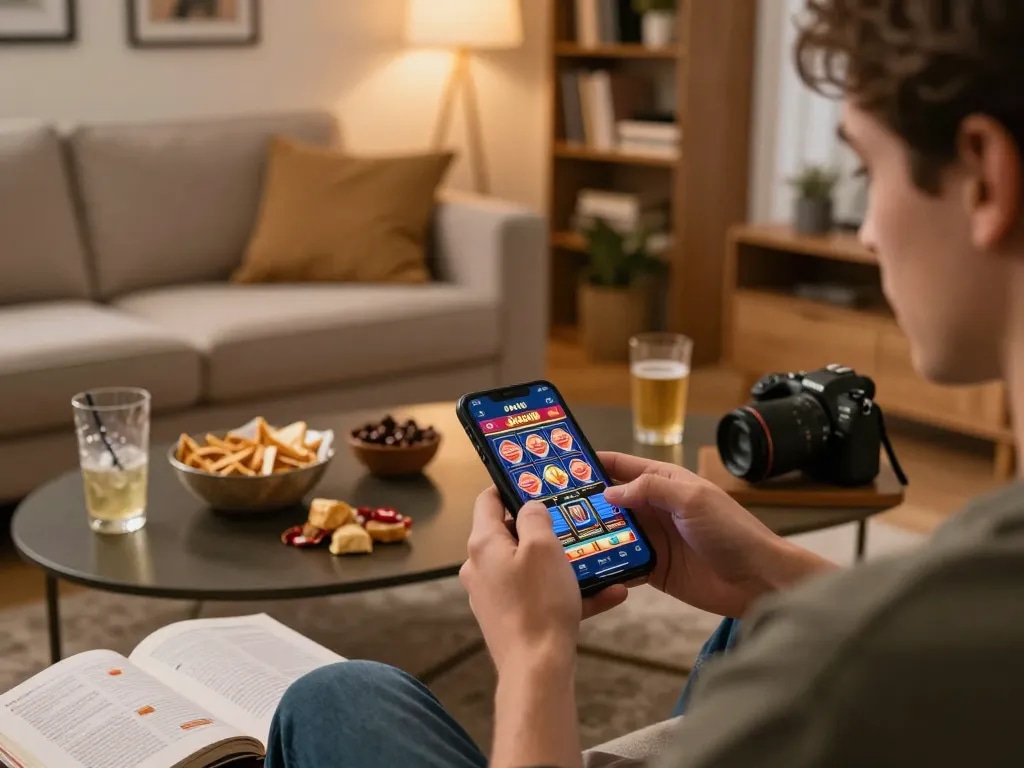 Engaging in judi slot gameplay on a smartphone in a cozy living room setting.
