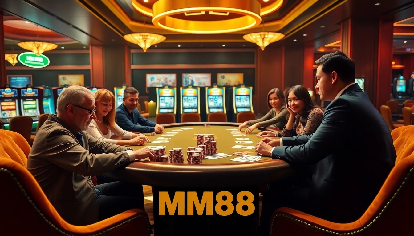 Experience the excitement of MM88 with players engaged in high-stakes poker action at a luxurious casino.