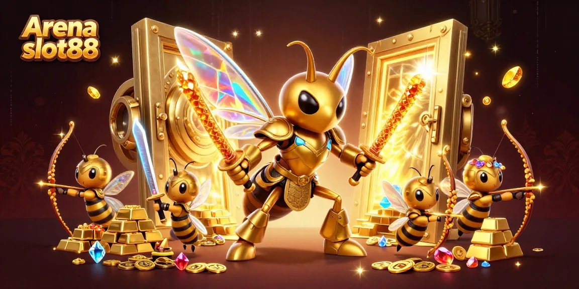 Arena slot88 menyajikan ilustrasi fantastis dengan karakter dan elemen permainan kasino yang kaya akan warna dan detail.