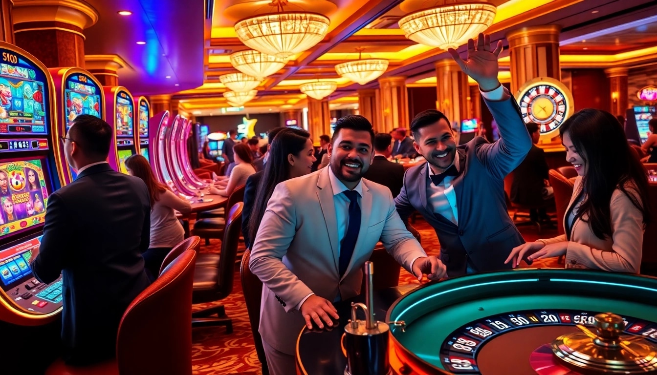Penjudi yang bersemangat merayakan kemenangan jackpot di mesin slot depo pulsa yang berwarna-warni di kasino mewah.