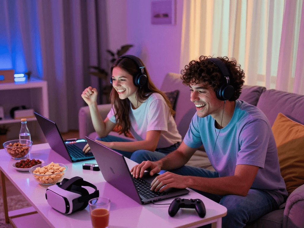 Couple enjoying an adult game together in a cozy gaming space.