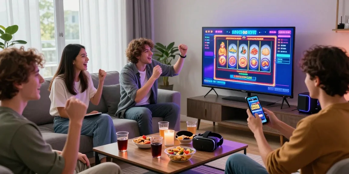 Friends celebrating while making a slot deposit 5000 in a lively gaming environment.