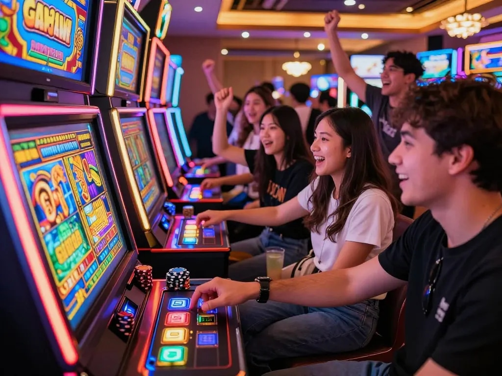 Momen permainan yang menarik di kasino menyoroti slot gacor hari ini dengan teman-teman yang menikmati mesin slot yang berwarna-warni.