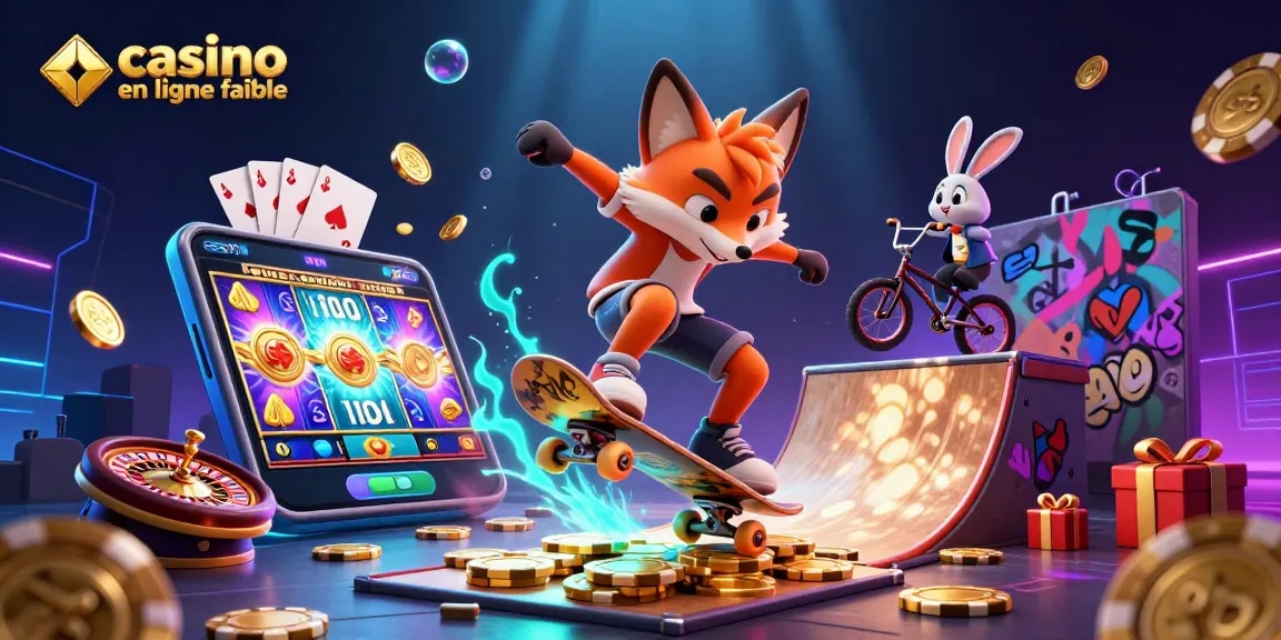 Jouez au casino en ligne fiable avec des personnages animés effectuant des acrobaties au milieu de symboles de jeux.