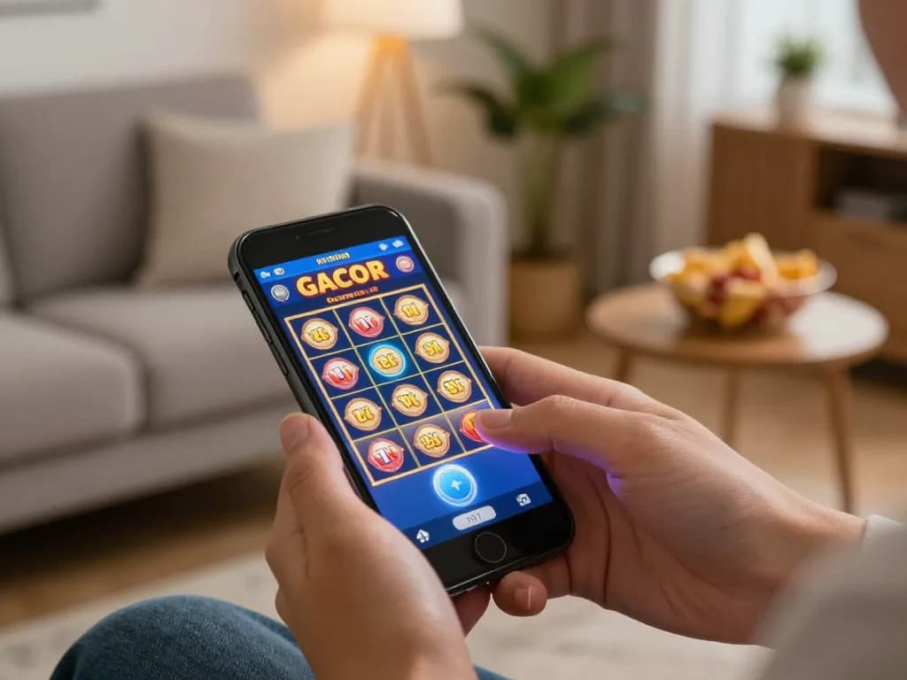 Player enjoying mobile slots with slot gacor gampang menang interface while relaxing at home.