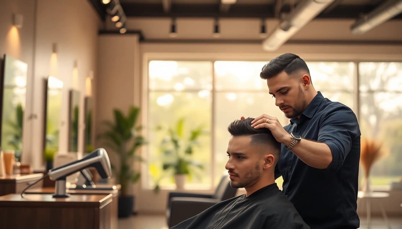 Ace of Fades 212 showcasing hair replacement service with a skilled stylist in a modern salon setting.