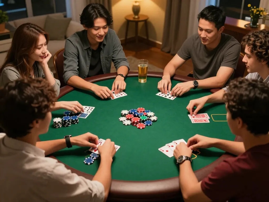 Players enjoying traditional Mexican food while playing poker at a home game night