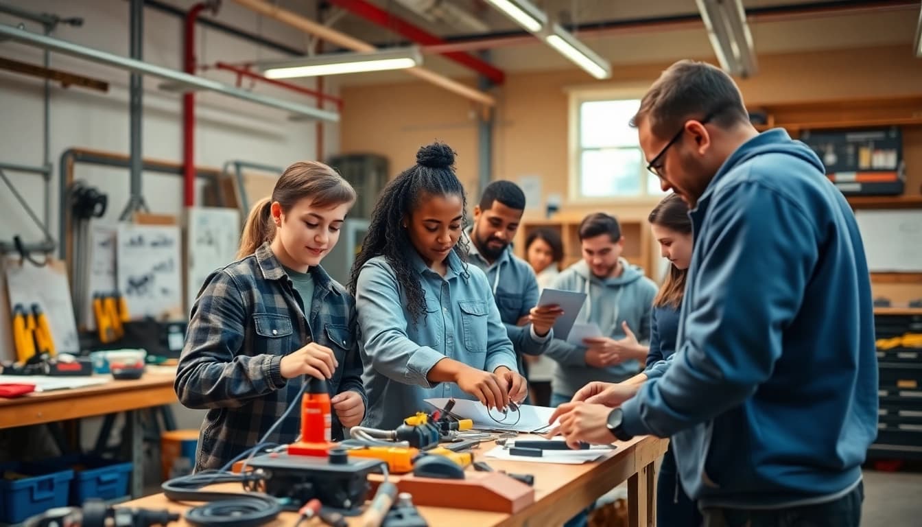 Students actively working on projects at an abc trade school, featuring hands-on training equipment.