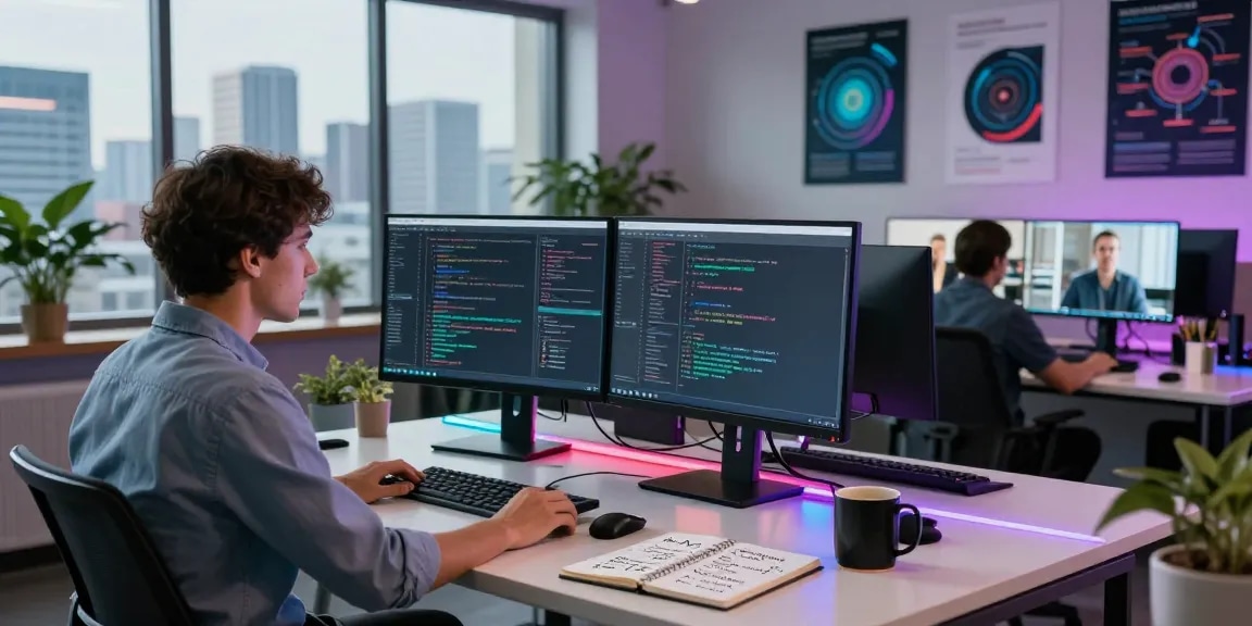 Innovative workspace scene showcasing crushon AI development with diverse team collaboration and coding environment.
