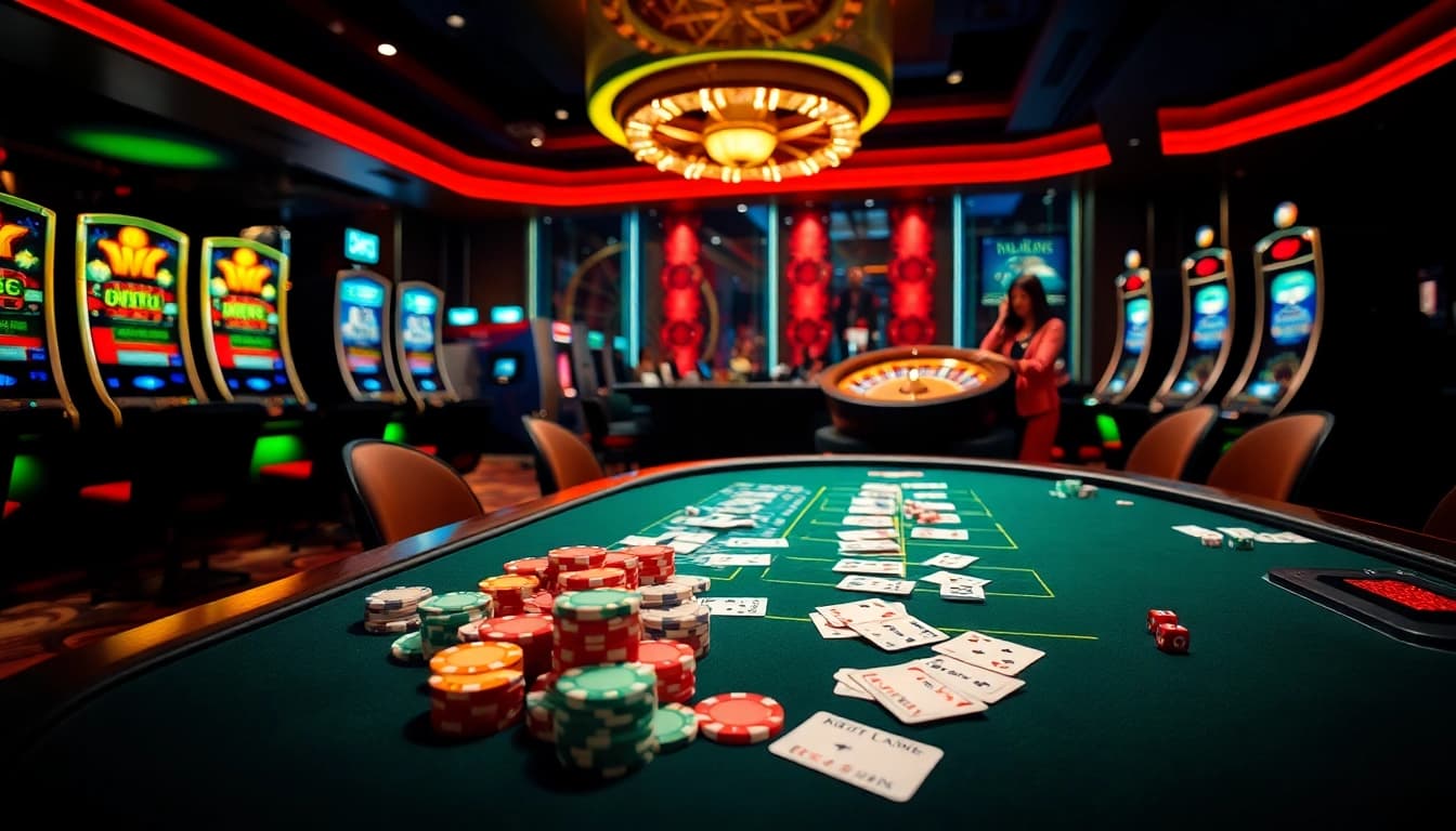 Scène excitante au meilleur casino en ligne, mettant en valeur une table de poker dynamique, une roue de roulette et des machines à sous colorées.