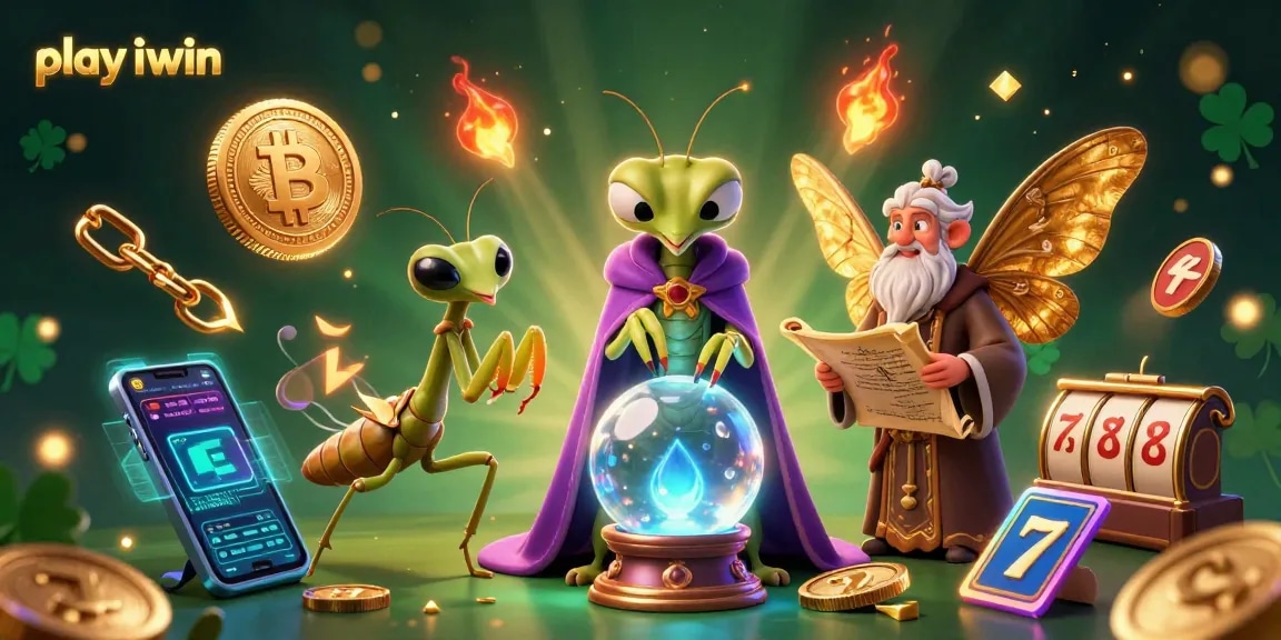 Play iwin with vibrant characters and casino elements in a mystical scene.