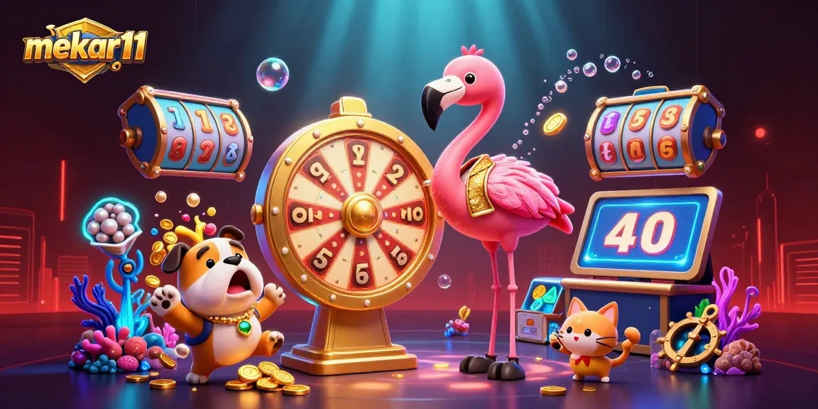 Mekar11 showcases an exciting casino scene with vibrant characters and dynamic games, perfect for gamblers.