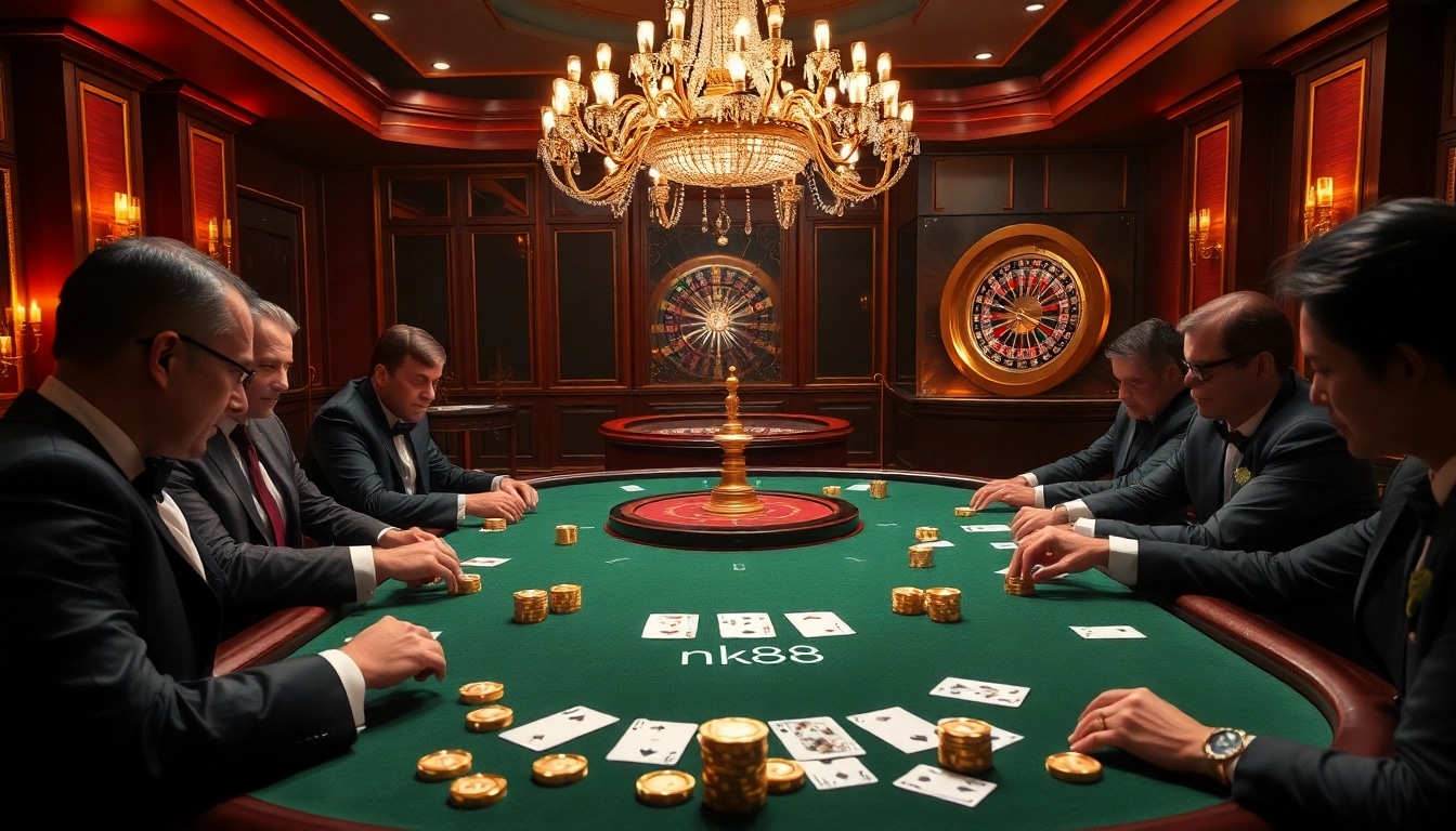 Players engaging in a high-stakes poker game at nk88 casino table with colorful chips and cards.