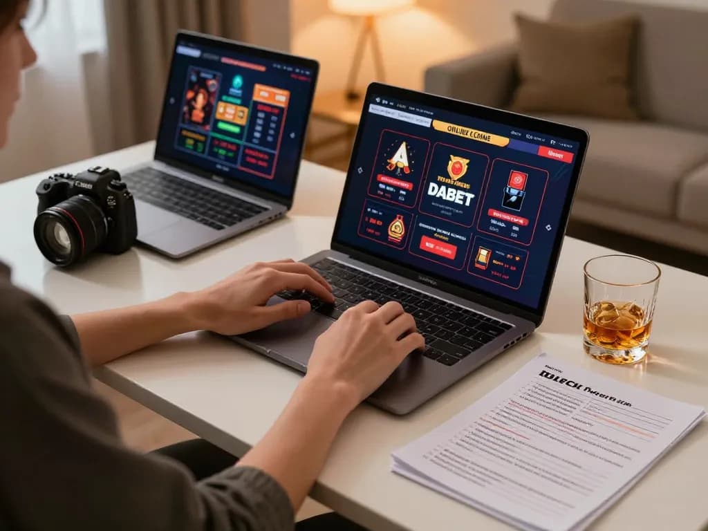 DABET online gaming setup featuring a player strategizing at a stylish desk, showcasing a laptop with casino games.