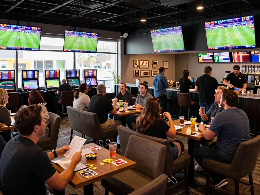 Excited players enjoying the sports betting atmosphere at TIP88, surrounded by large screens showing live games.