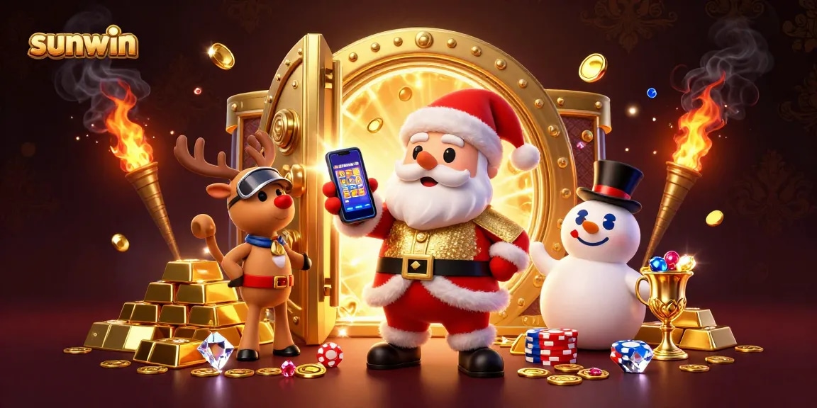 Experience jackpots at sunwin with Santa Claus and friends in a vibrant casino scene.