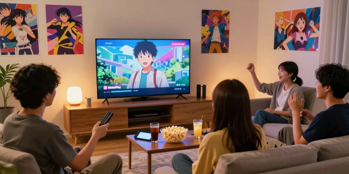 Penggemar anime menonton di AnimePlay dengan suasana nyaman, televisi besar, dan banyak camilan.