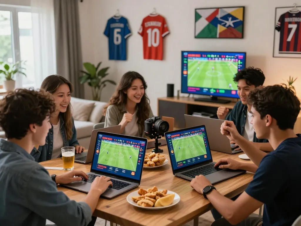 Exciting scene of friends enjoying Thể thao hubet88 sports betting with laptop and live match displays.