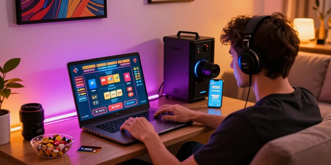 Player enjoying credit card casinos at home with laptop and snacks.