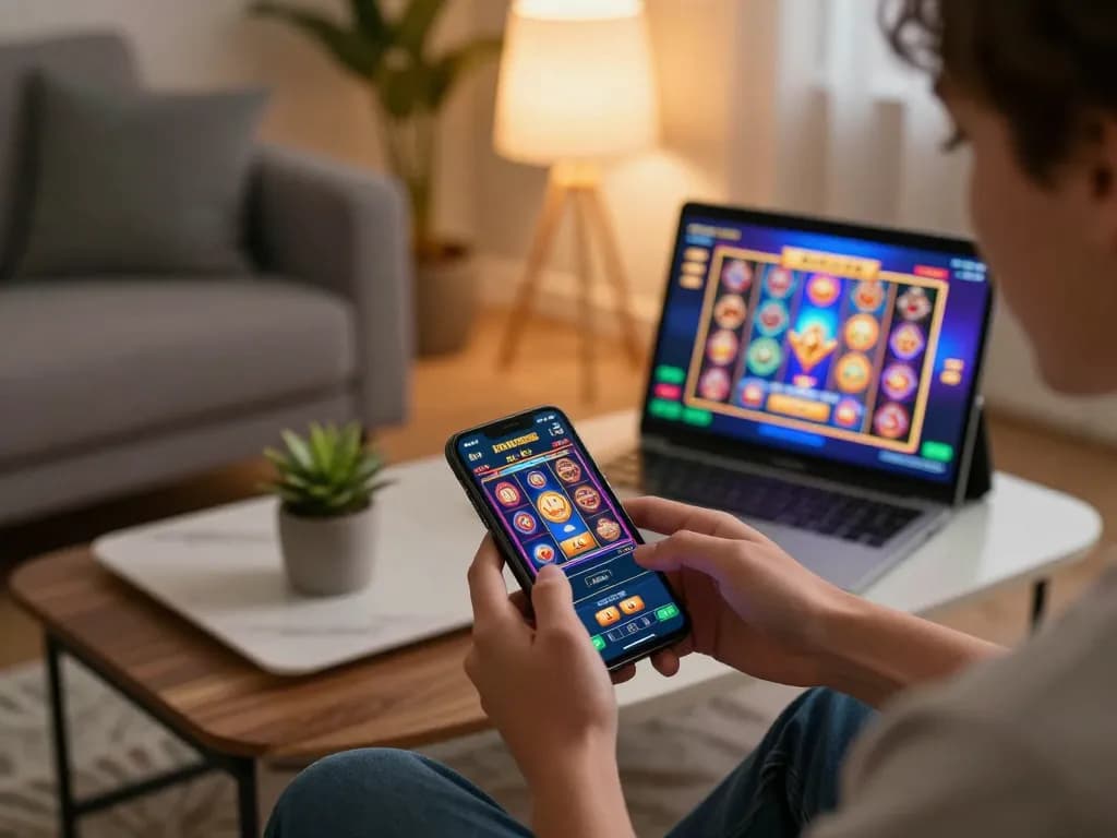 Terlibat dalam permainan kasino mobile dengan aplikasi paris888 di smartphone stylish di ruang hidup yang nyaman.