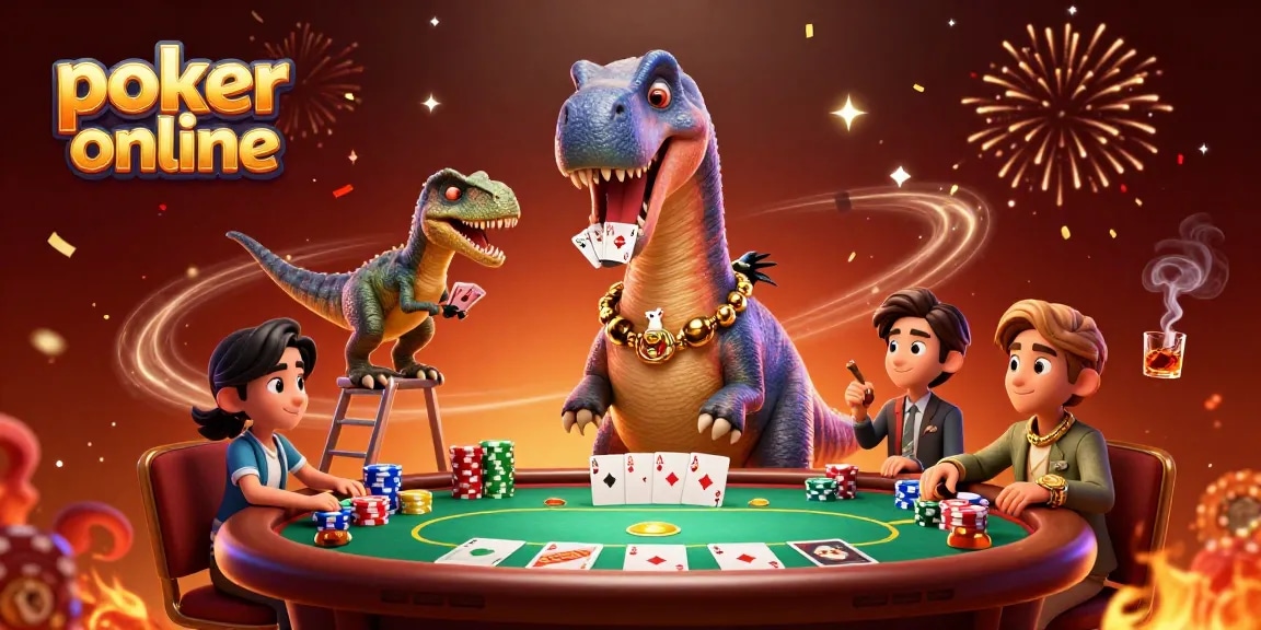 Giocare a poker online con il brontosauro al tavolo del casinò, che distribuisce carte.