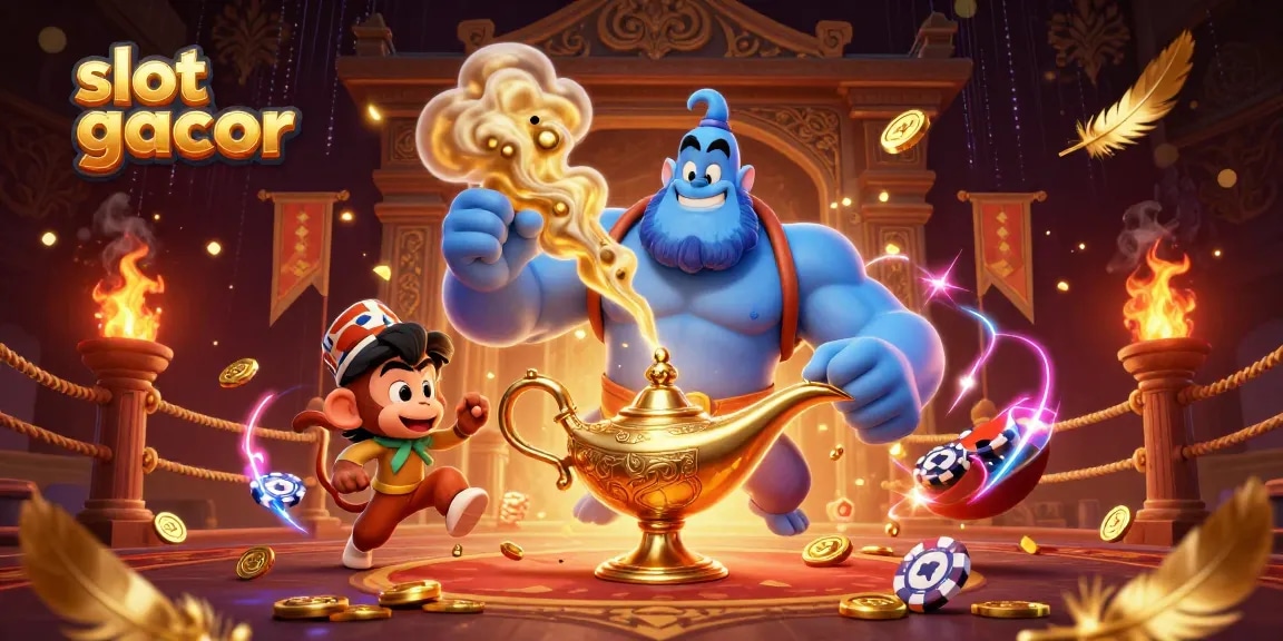 Slot gacor menampilkan lampu jin, koin emas dan kartu poker dalam ilustrasi menarik.