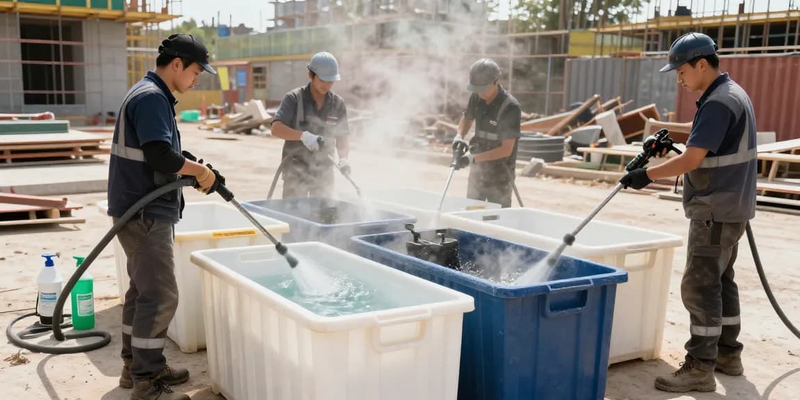 Containerreinigung auf einer Baustelle mit Reinigungsteam, Hochdruckreinigern und umweltfreundlichen Reinigungsmitteln.