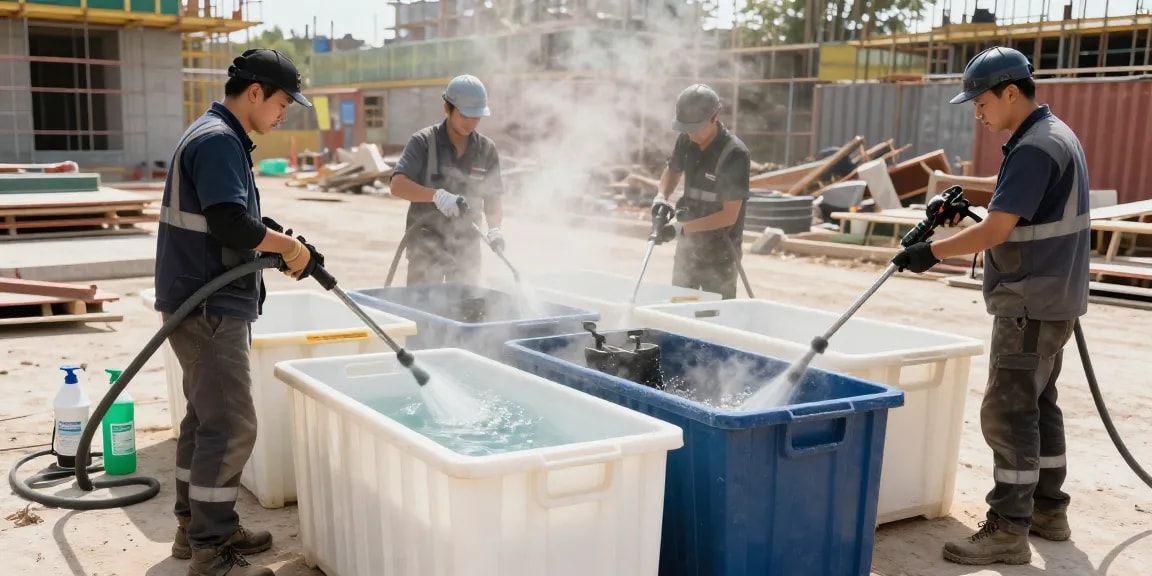 Containerreinigung auf einer Baustelle mit Reinigungsteam, Hochdruckreinigern und umweltfreundlichen Reinigungsmitteln.