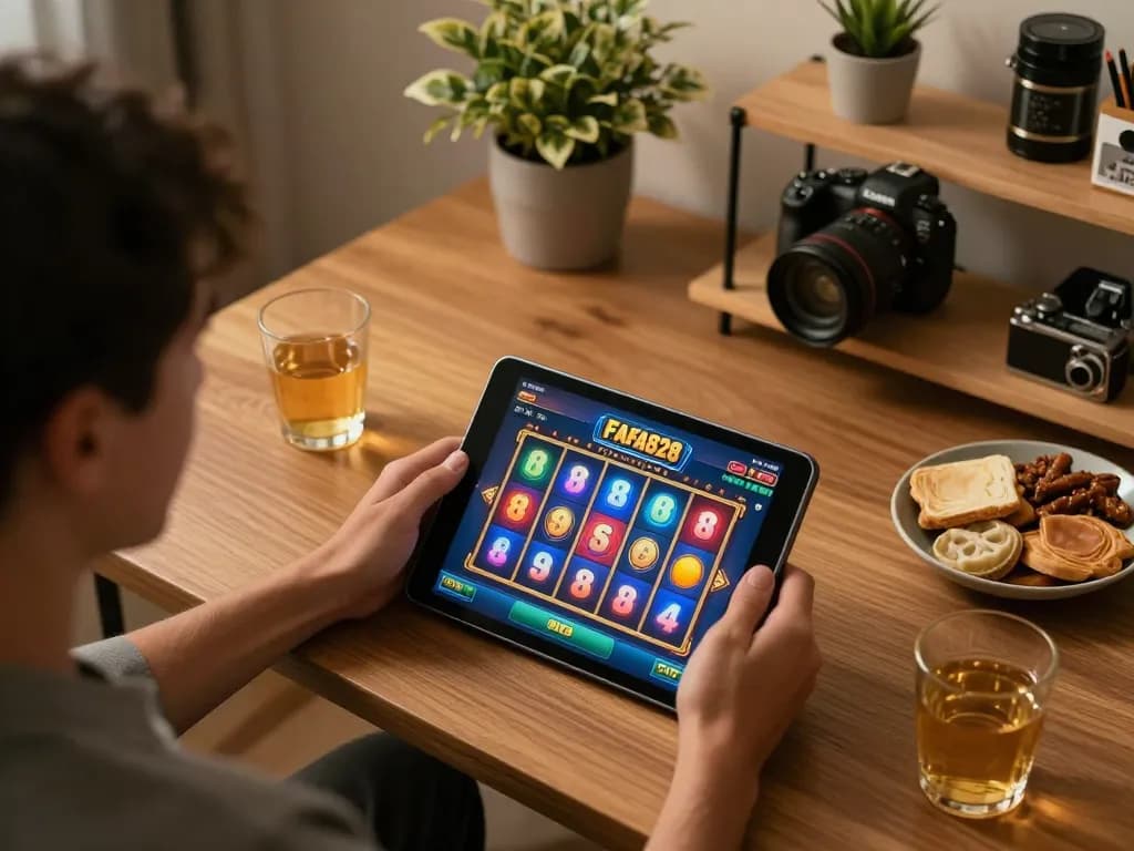 Player enjoying FAFA828 online slots on a tablet, cozy gaming setup with warm lighting.