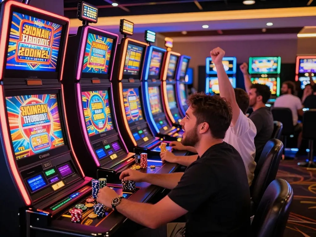 Players enjoying a thrilling gaming experience at a casino with slot gacor hari ini machines, vibrant ambiance, excitement, and energy.