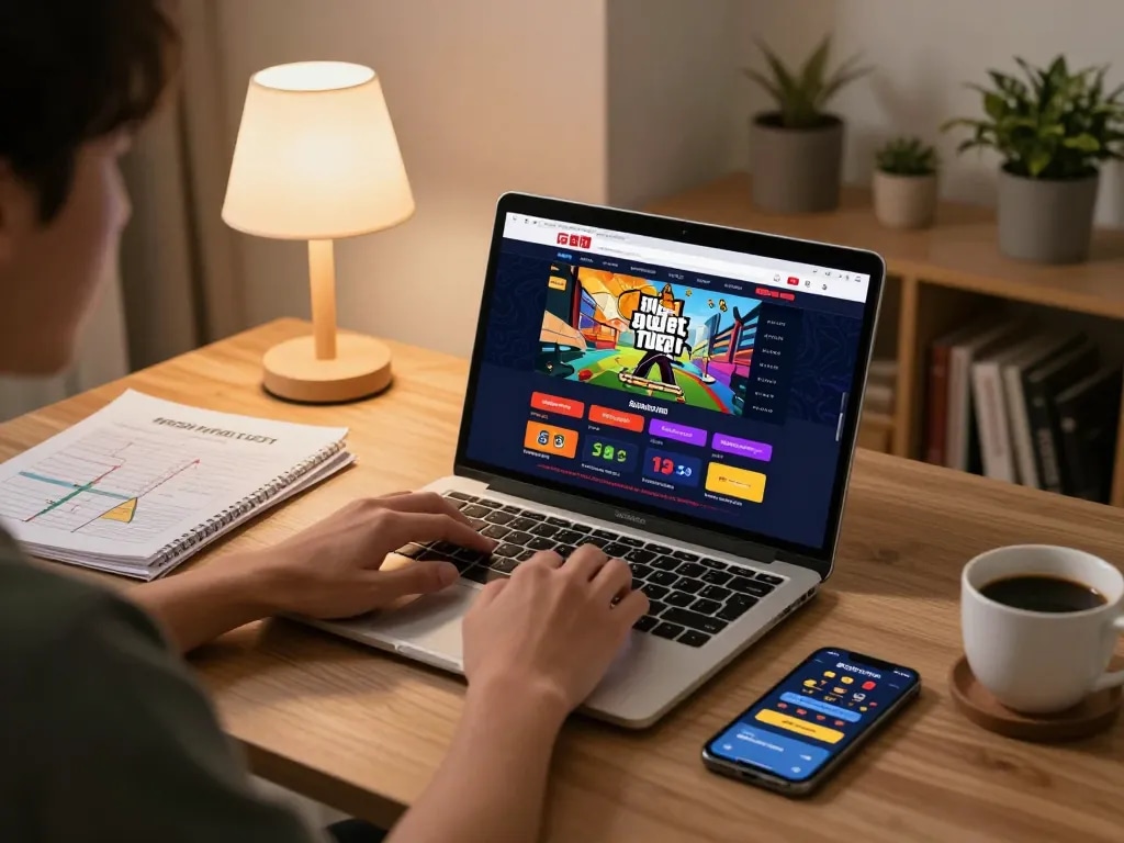 Engaging GTA Togel gaming scene with a player using a laptop and strategy notes at home