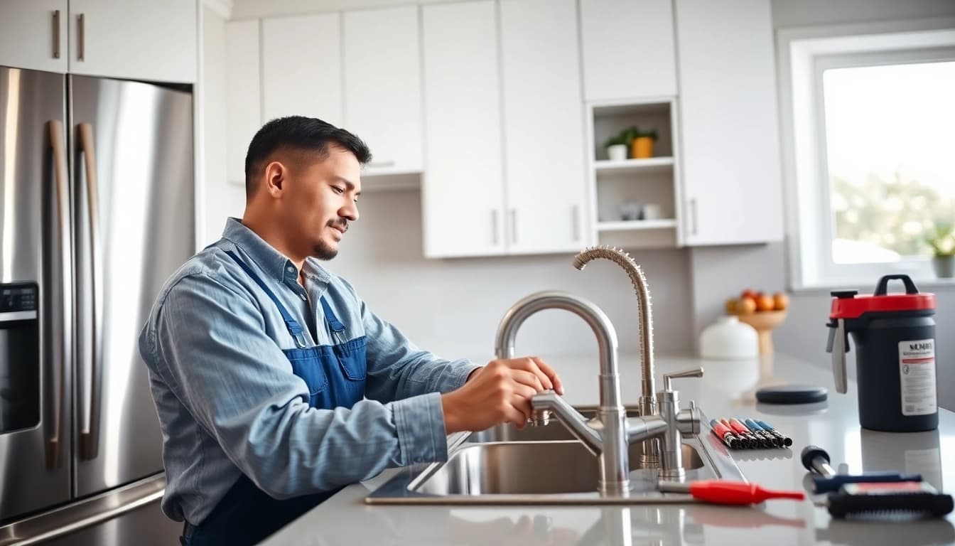 Find trusted plumber near me fixing a faucet in a modern kitchen.