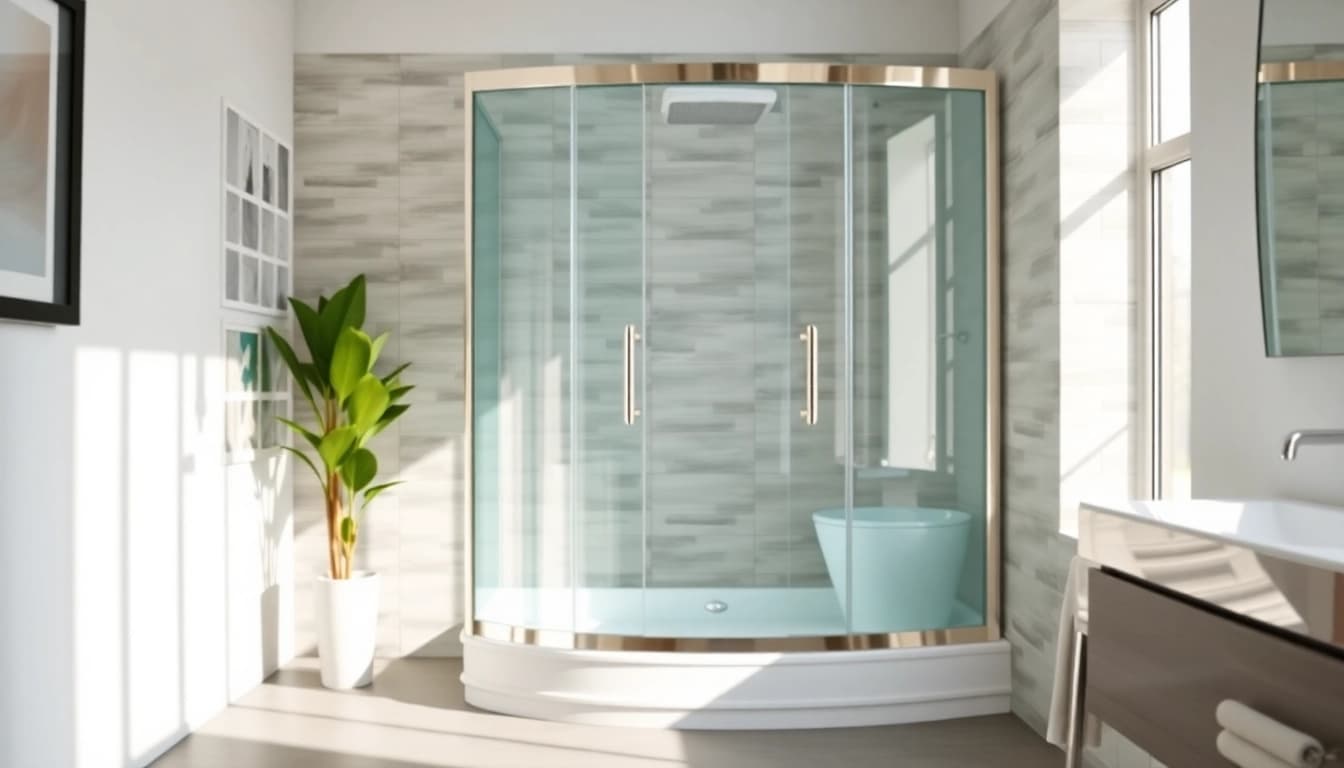 Sonni Duschkabine in einem modernen Badezimmer, elegant und hell beleuchtet.