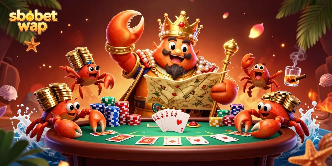 Experience sbobet wap with massive golden crab emperor and rich poker elements in vibrant casino scene