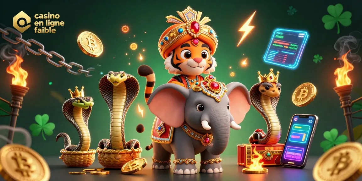 Casino en ligne fiable avec un éléphant joailli et un tigre maharaja entourés de crypto-monnaies.