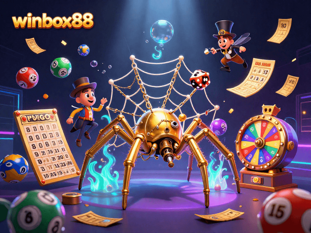 Engage with winbox88 as the golden spider weaves a dynamic gaming web among vibrant lottery elements.