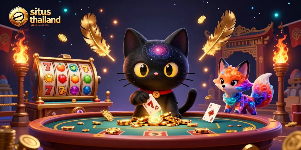 Situs Thailand Gacor offers thrilling slot experiences with a black hole cat and nebula fox in a vibrant casino scene.